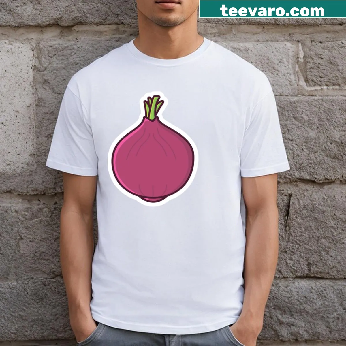Onion T-shirt featuring a playful vegetable sticker illustration — on a men's t-shirt
