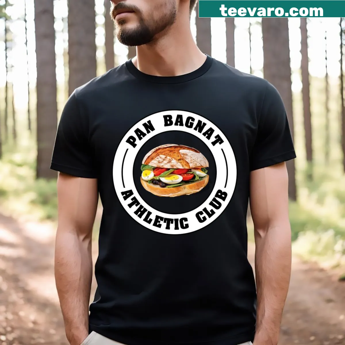 Pan Bagnat Athletic Club T-shirt featuring playful food theme — on a men's t-shirt