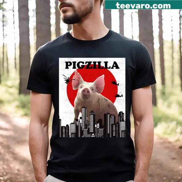 Retro-style T-shirt with Pigzilla and a Japanese sunset illustration