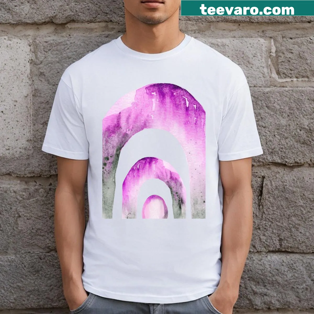 Elegant T-shirt with pink watercolor abstract arches design — on a men's t-shirt