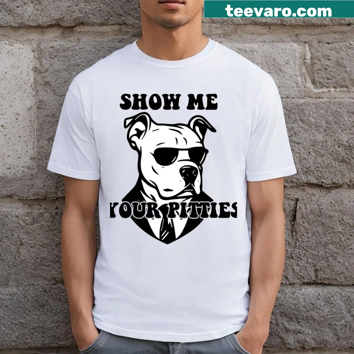 Funny T-shirt with 'Show Me Your Pitties' text and American flag design — on a men's t-shirt