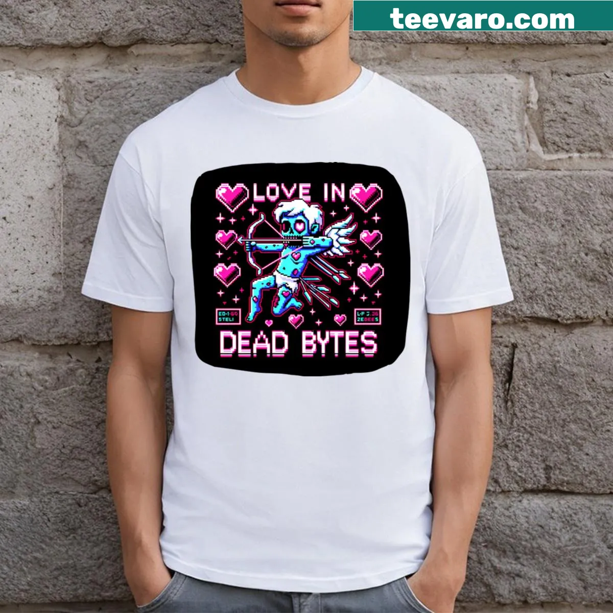 Pixelated graphic T-shirt depicting zombies in a romantic pose — on a men's t-shirt