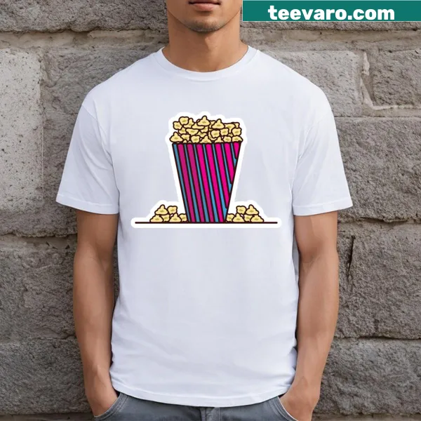 T-shirt featuring illustration of popcorn in a popcorn pack