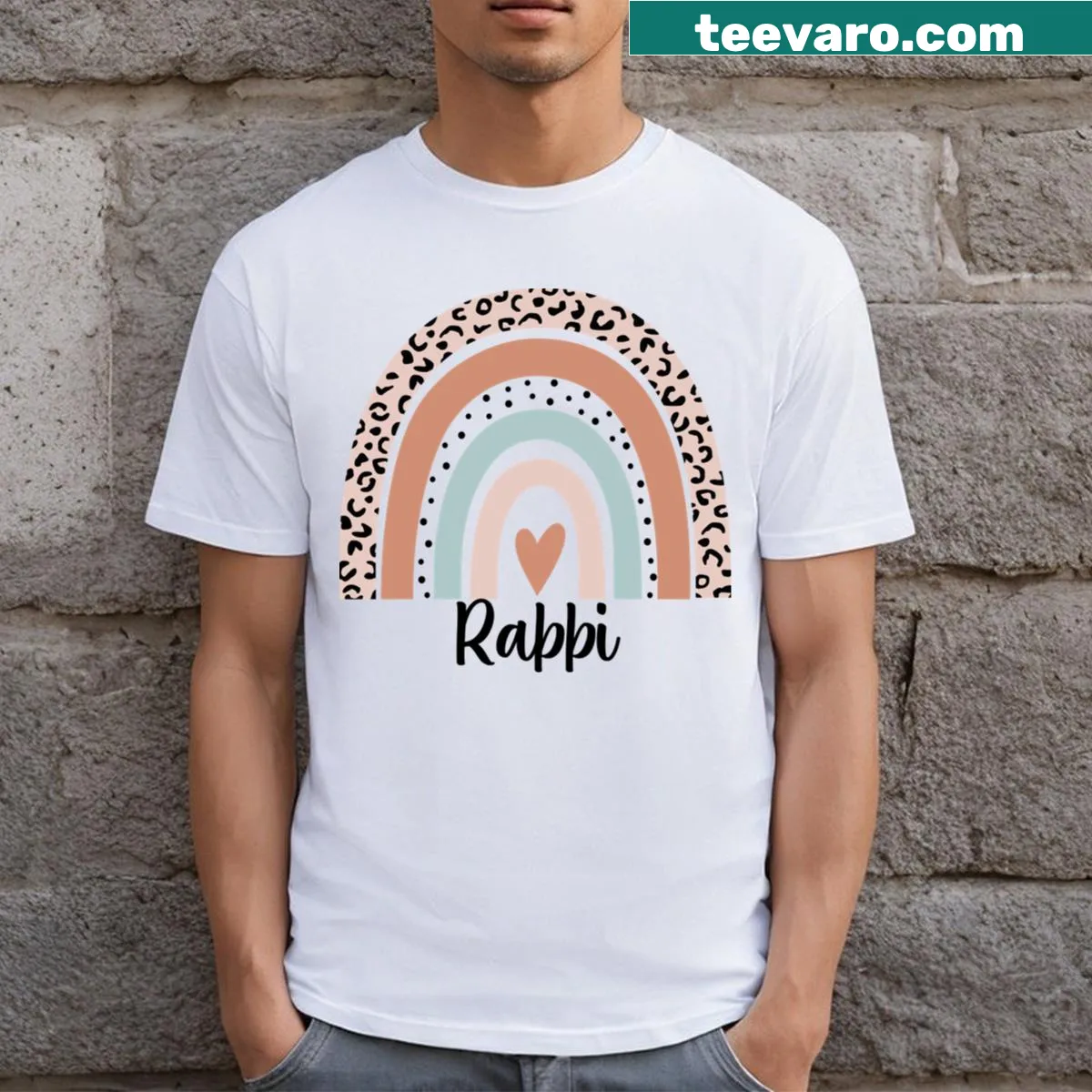 Funny Rabbi graphic T-shirt with leopard print design — on a men's t-shirt