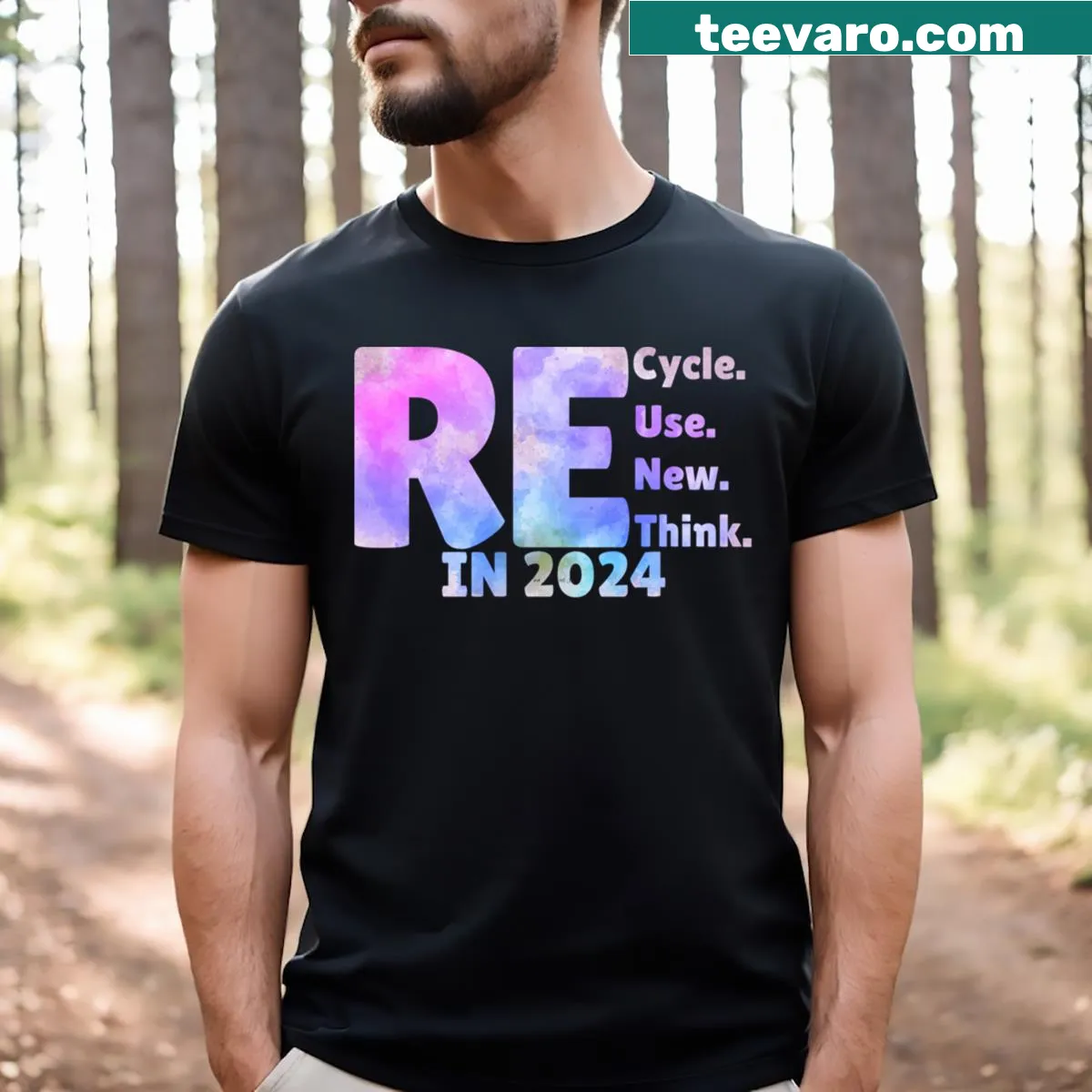 Sustainability-themed T-shirt with recycling message for 2024 — on a men's t-shirt