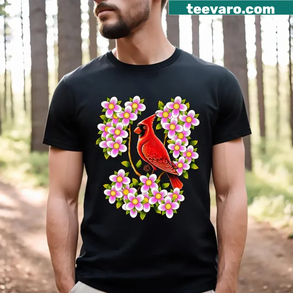 T-shirt featuring cute red cardinal birds and dogwood flowers