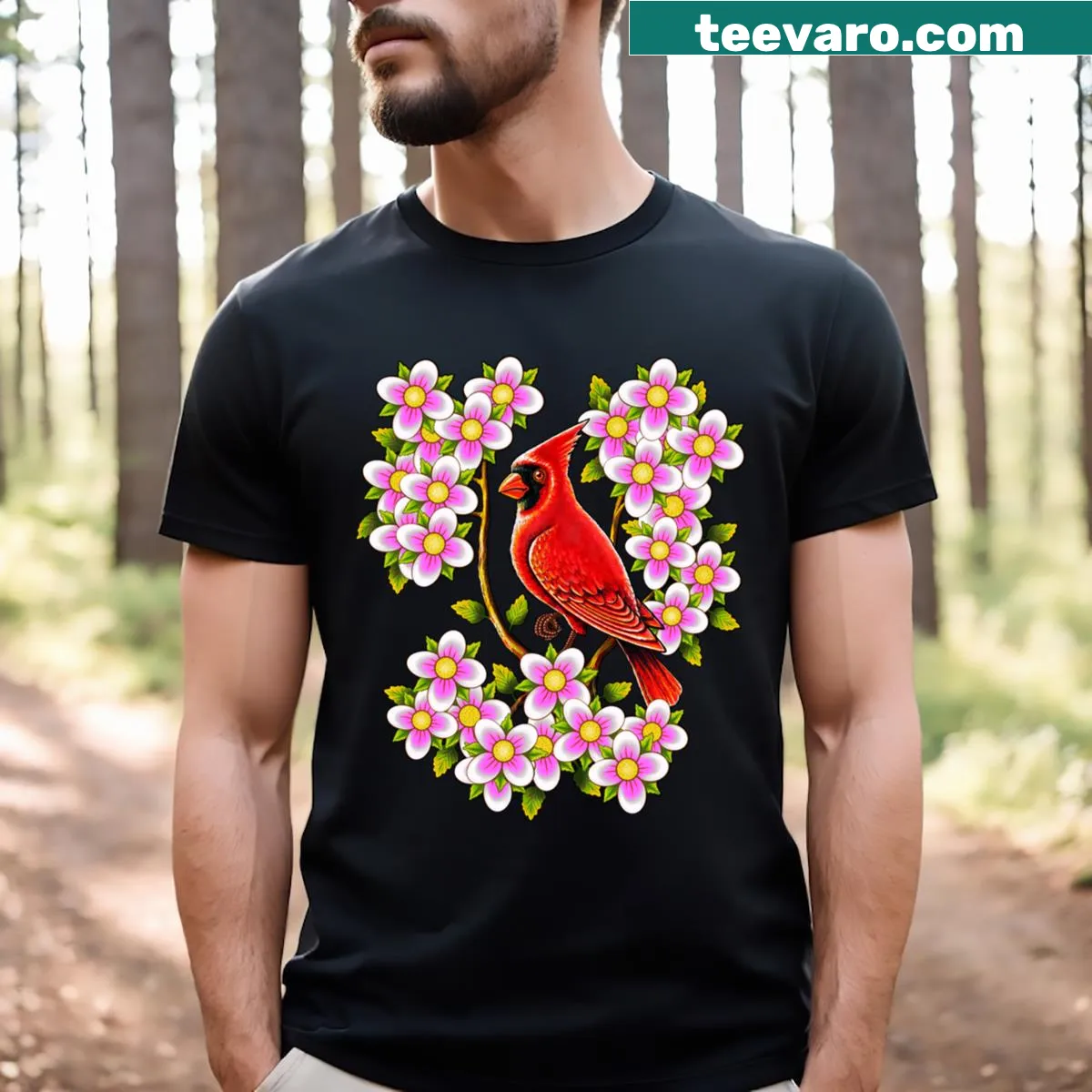 T-shirt featuring cute red cardinal birds and dogwood flowers — on a men's t-shirt