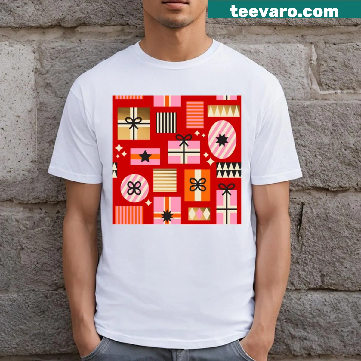 Retro geometric Christmas design T-shirt with festive patterns — on a men's t-shirt