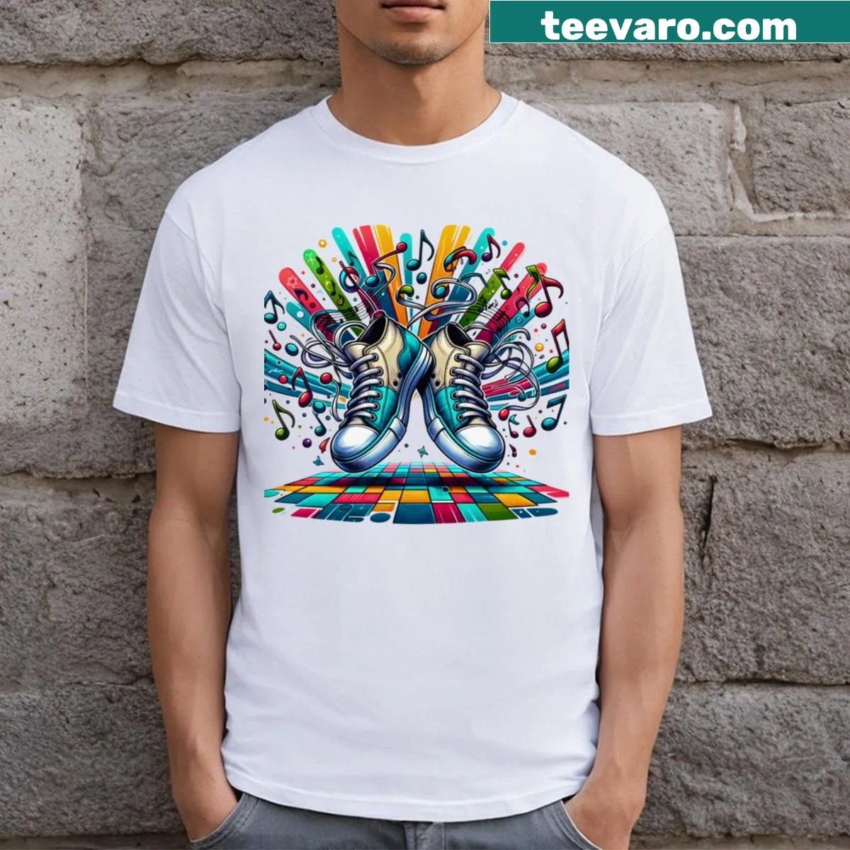 Illustrated dancing sneakers design on a playful T-shirt — on a men's t-shirt