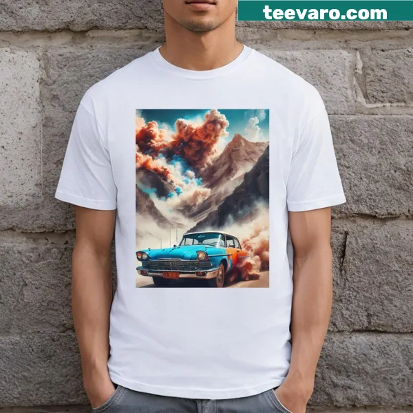 Digital art T-shirt featuring vintage cars in retrofuturism style