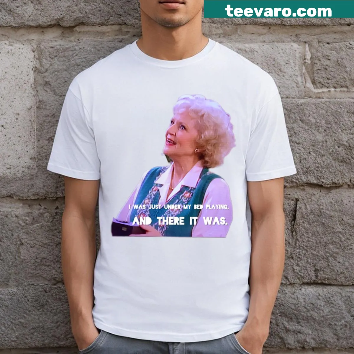 Illustrative T-shirt featuring Rose Nylund from the Golden Girls — on a men's t-shirt