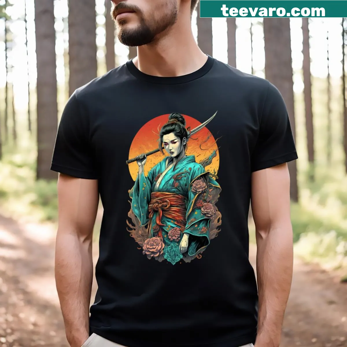 Illustrated T-shirt featuring a samurai and geisha in a graceful design — on a men's t-shirt