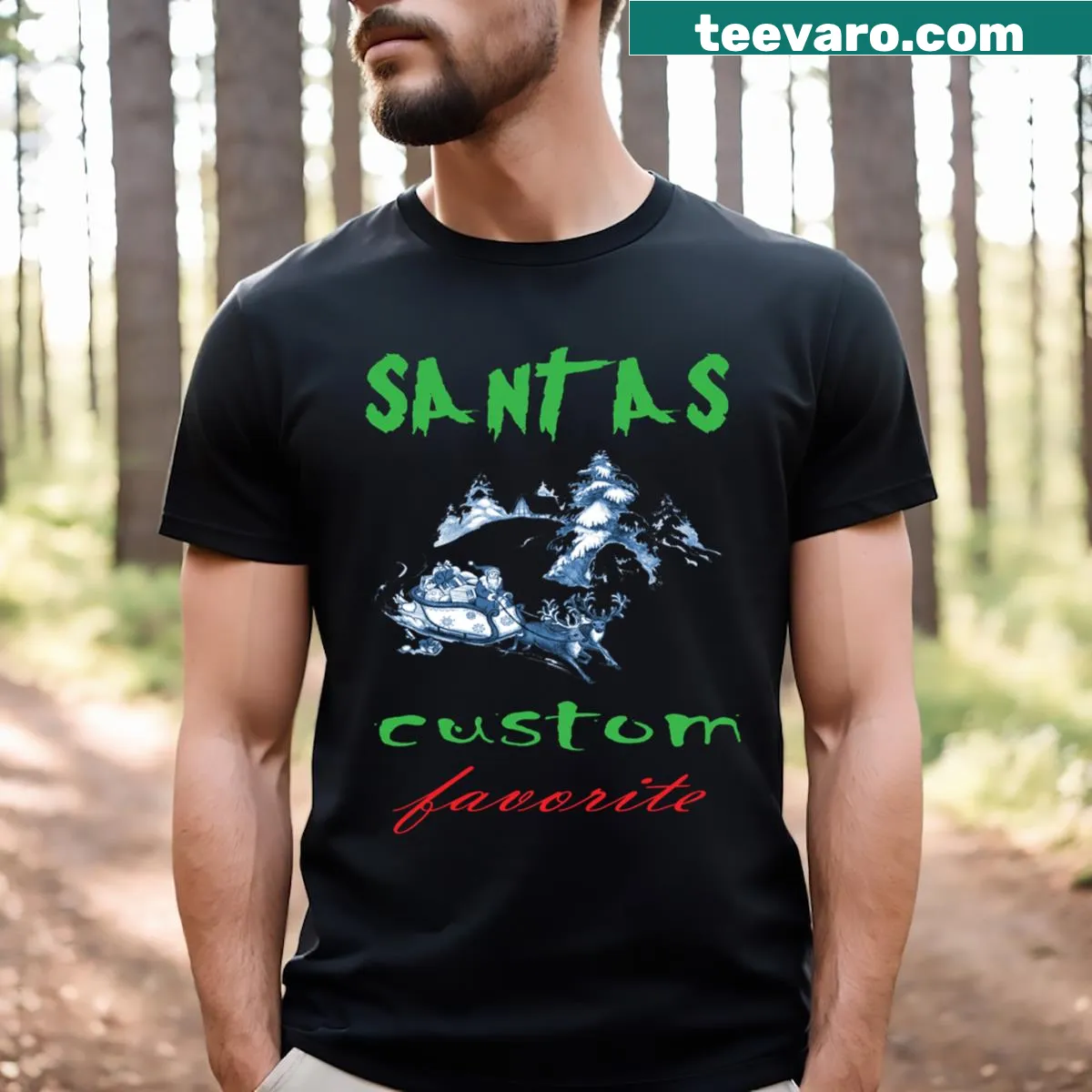 Personalized Santa t-shirt featuring customizable text and a cheerful Santa graphic — on a men's t-shirt