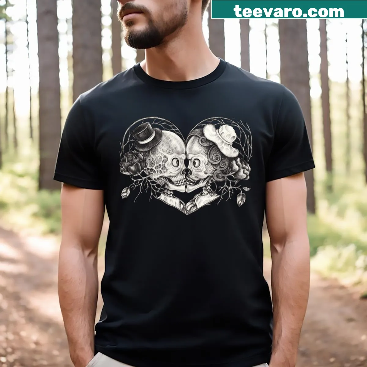 Illustration of skeletons hugging on a t-shirt — on a men's t-shirt