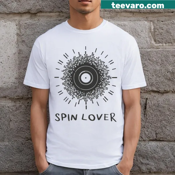 Vinyl record design with Spin Lover text on a t-shirt