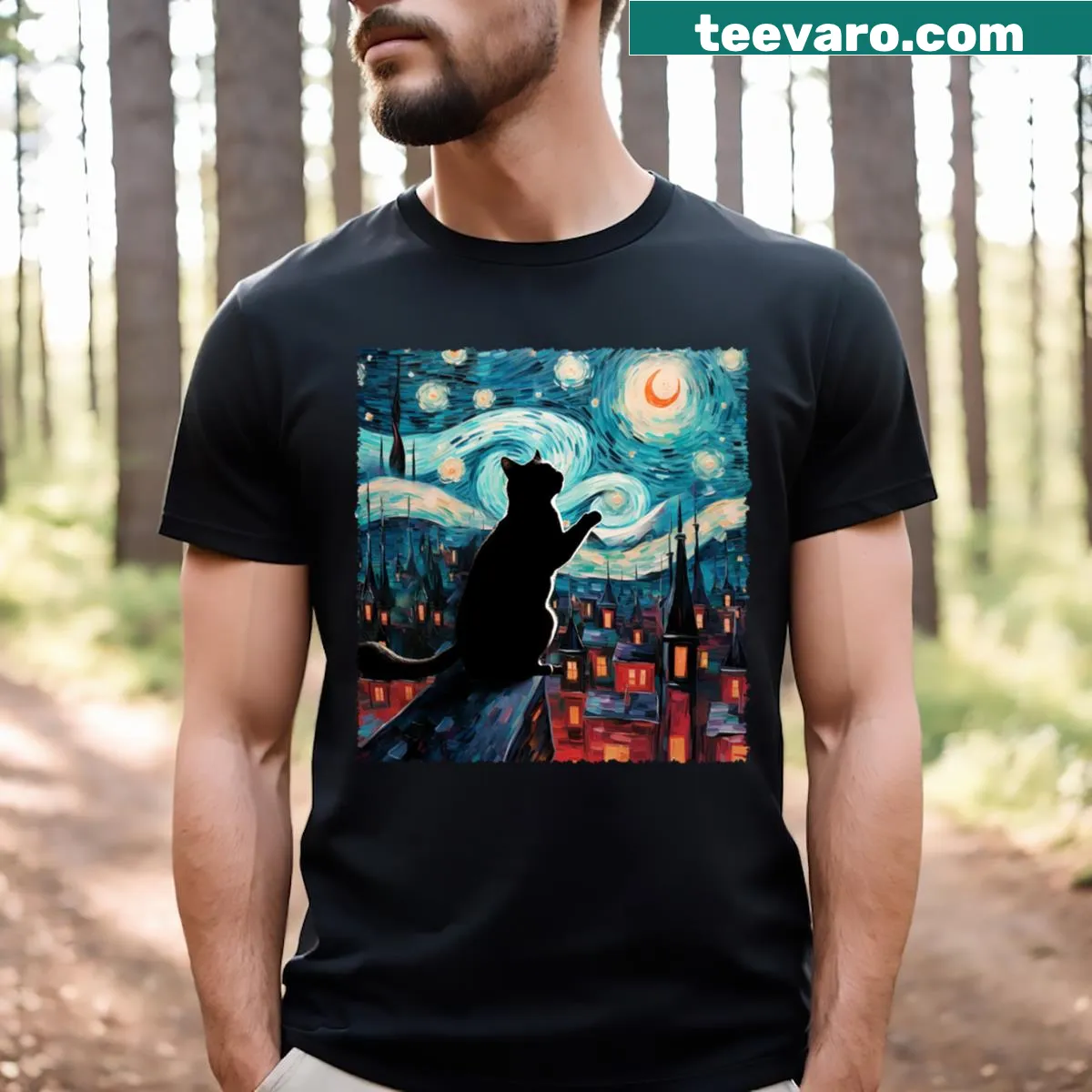 Starry night design featuring playful cats, perfect for cat lovers — on a men's t-shirt