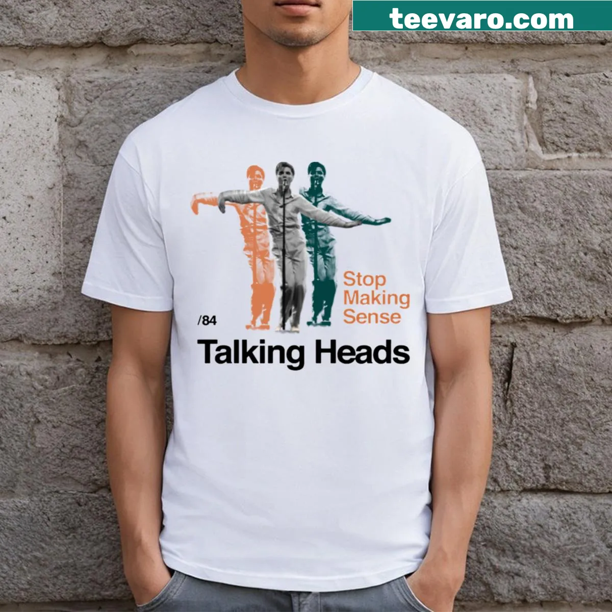 Typography t-shirt inspired by Stop Making Sense 84 film — on a men's t-shirt