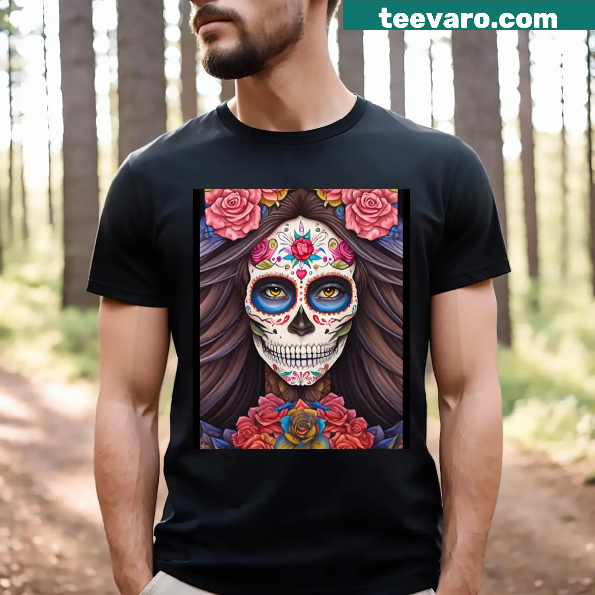 Artistic T-shirt featuring a beautifully designed sugar skull illustration. — on a men's t-shirt