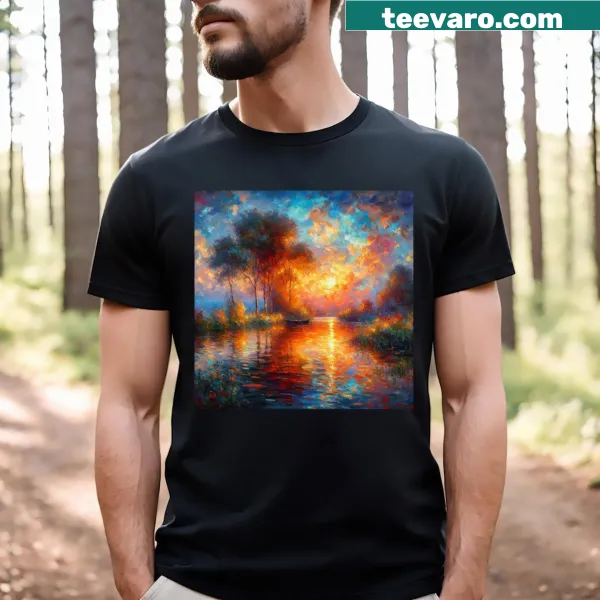 Illustrative t-shirt featuring a sunset over a lake