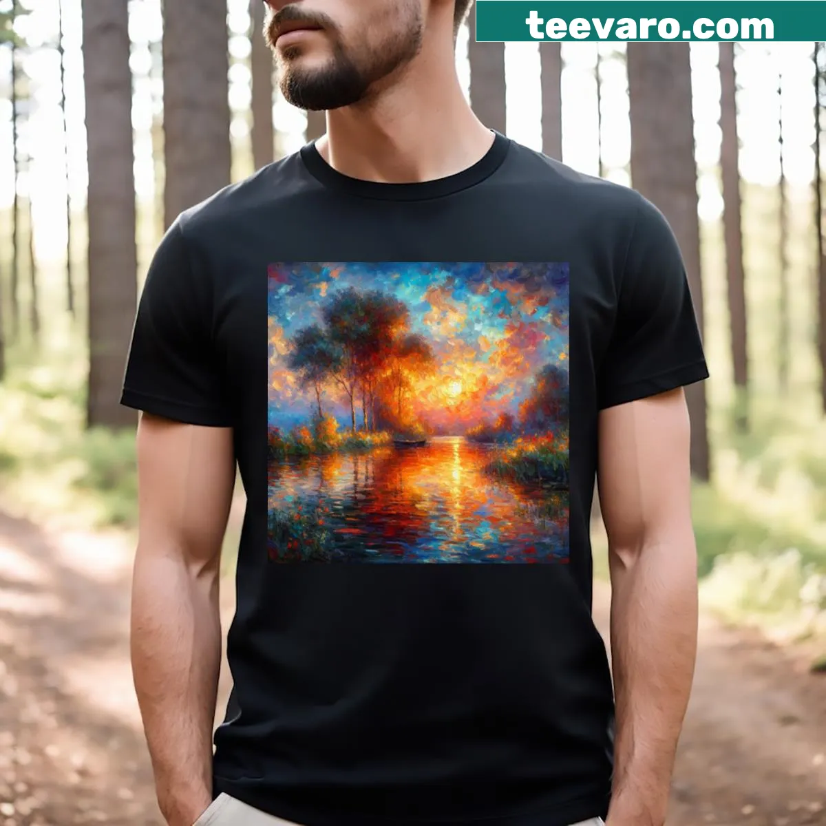 Illustrative t-shirt featuring a sunset over a lake — on a men's t-shirt