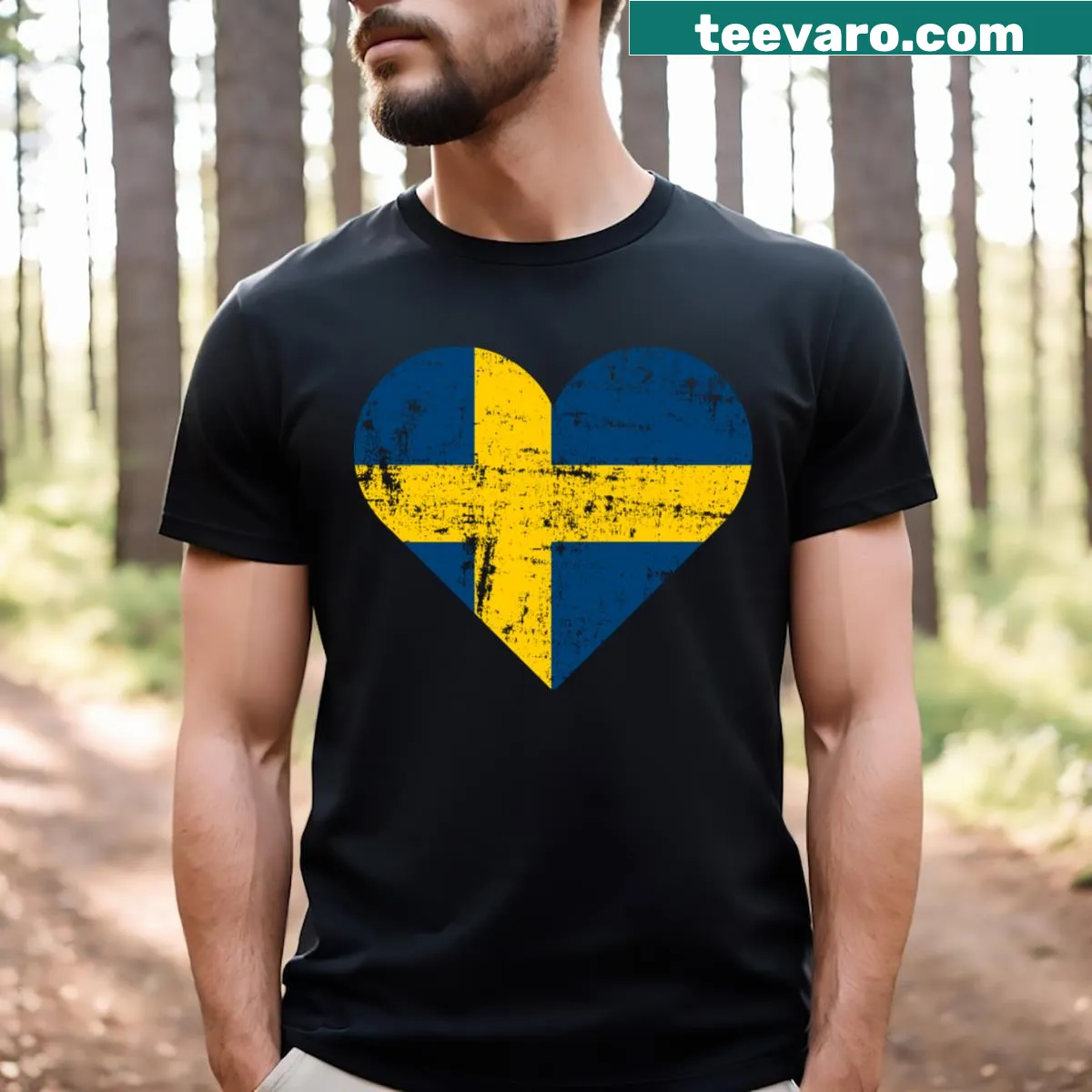 Heart-shaped Swedish flag design on t-shirt — on a men's t-shirt