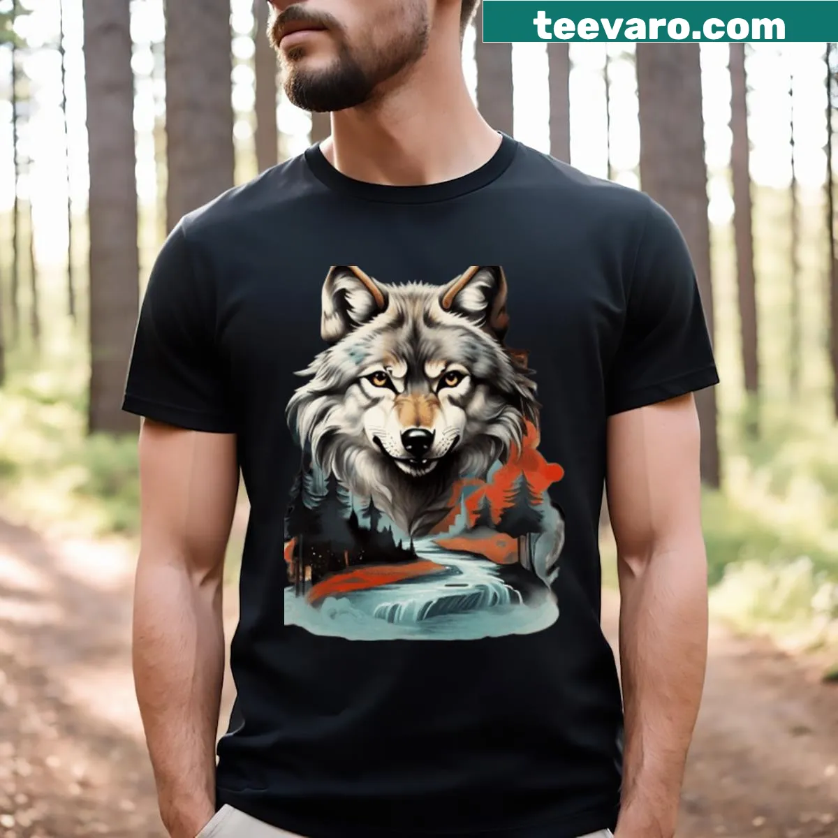 Illustrative wolf design t-shirt capturing the spirit of nature — on a men's t-shirt