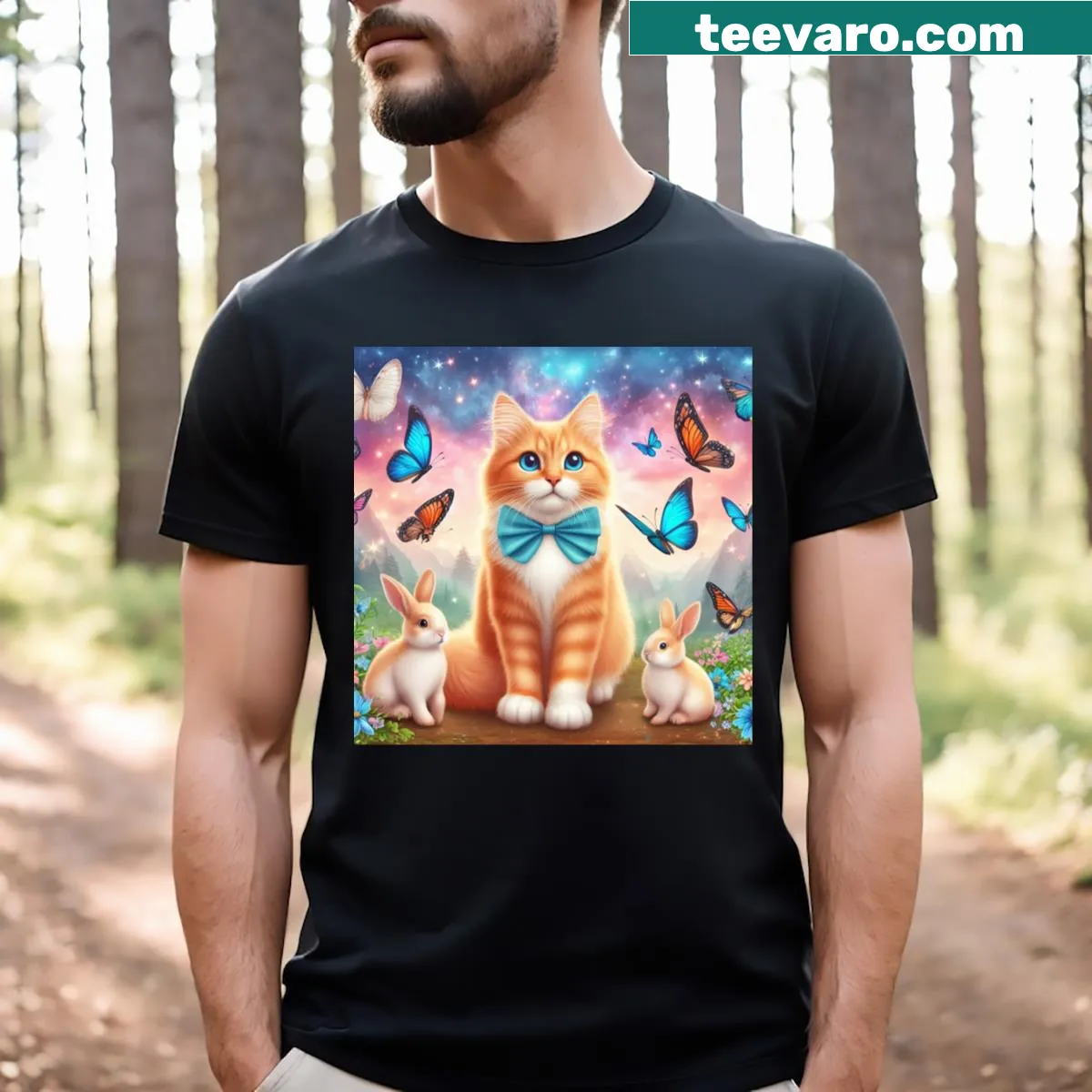 Cute T-shirt featuring an adorable cat illustration. — on a men's t-shirt