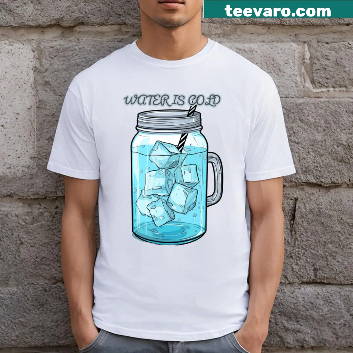 T-shirt featuring a graphic of a water bottle — on a men's t-shirt