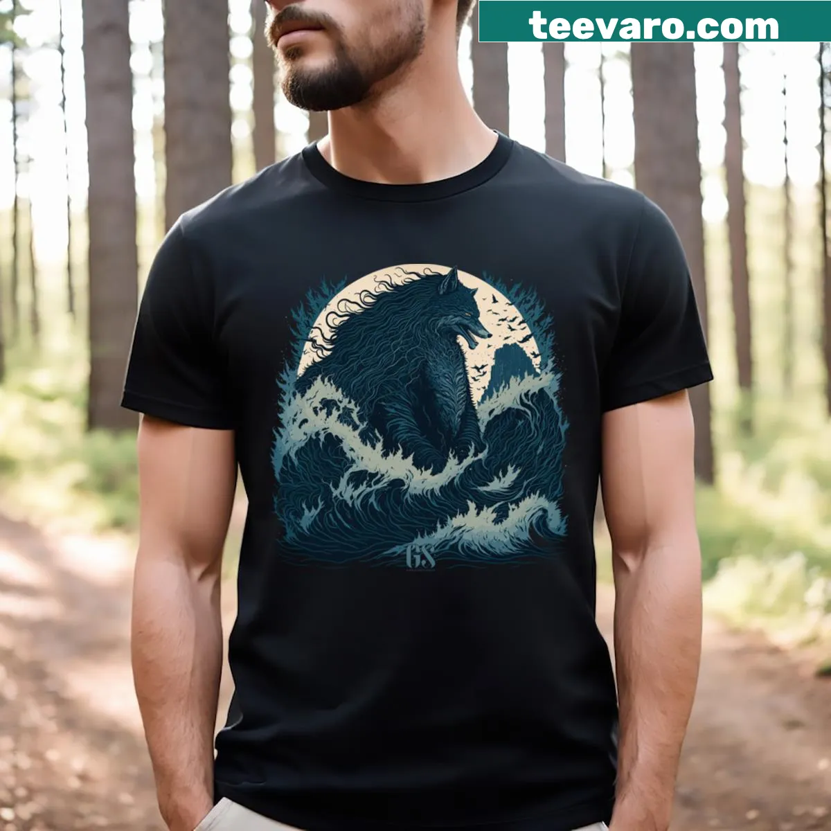 Illustration of a werewolf in the ocean setting, merging fantasy and culture — on a men's t-shirt