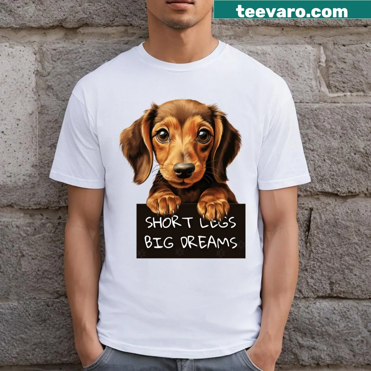 Illustration of a wiener dog dreaming big with short legs — on a men's t-shirt