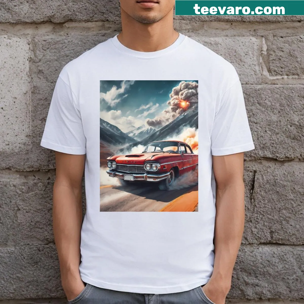 Tribute design featuring vintage cars illustrated in a digital art style — on a men's t-shirt