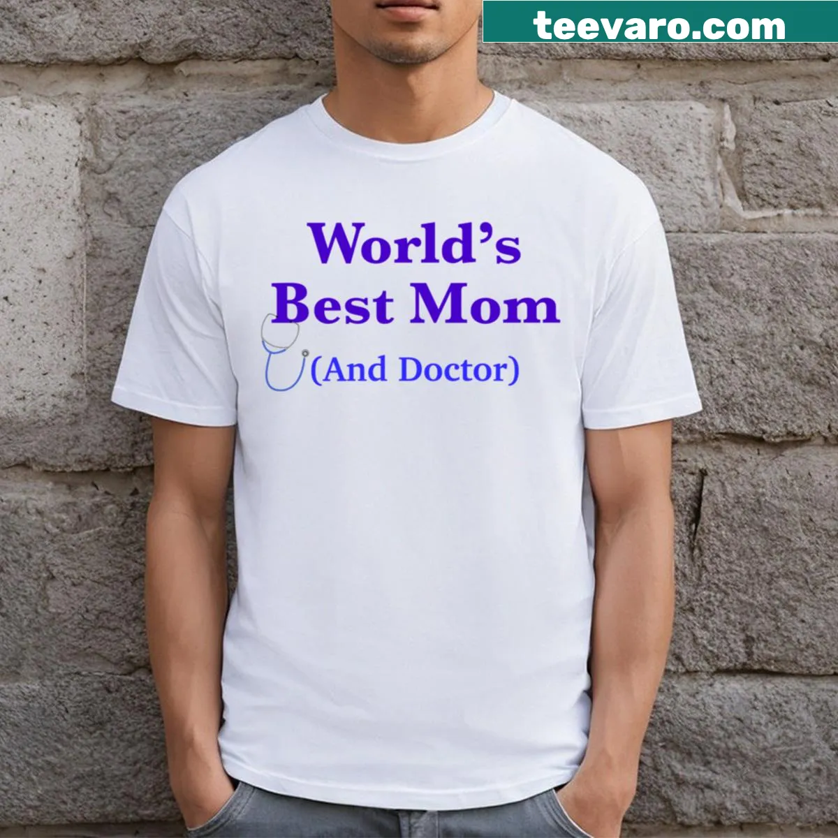 T-shirt celebrating the dual role of mom and doctor with bold text — on a men's t-shirt