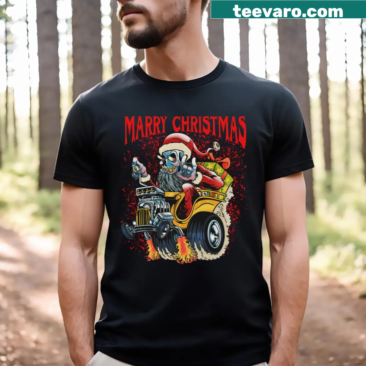 Whimsical illustration of a Santa skull merged with a hotrod car — on a men's t-shirt