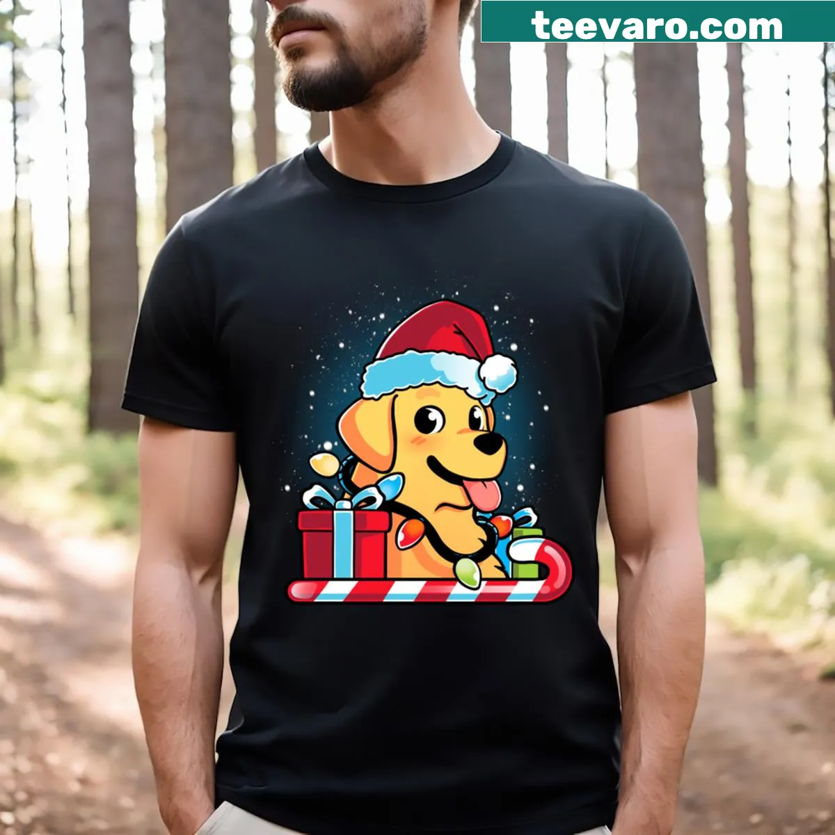 Christmas T-shirt featuring a yellow Labrador illustration — on a men's t-shirt