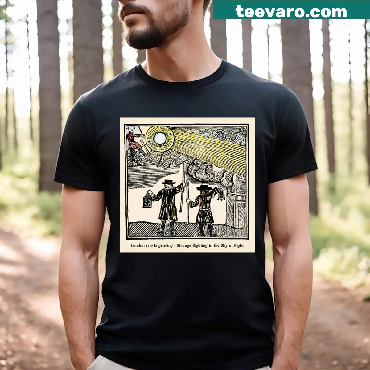 Vintage engraving of a medieval UFO sighting on t-shirt — on a men's t-shirt