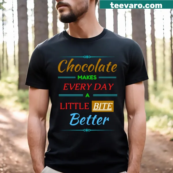 Cute T-shirt featuring an illustration of chocolate with the phrase 'A Little Bite Of Chocolate'