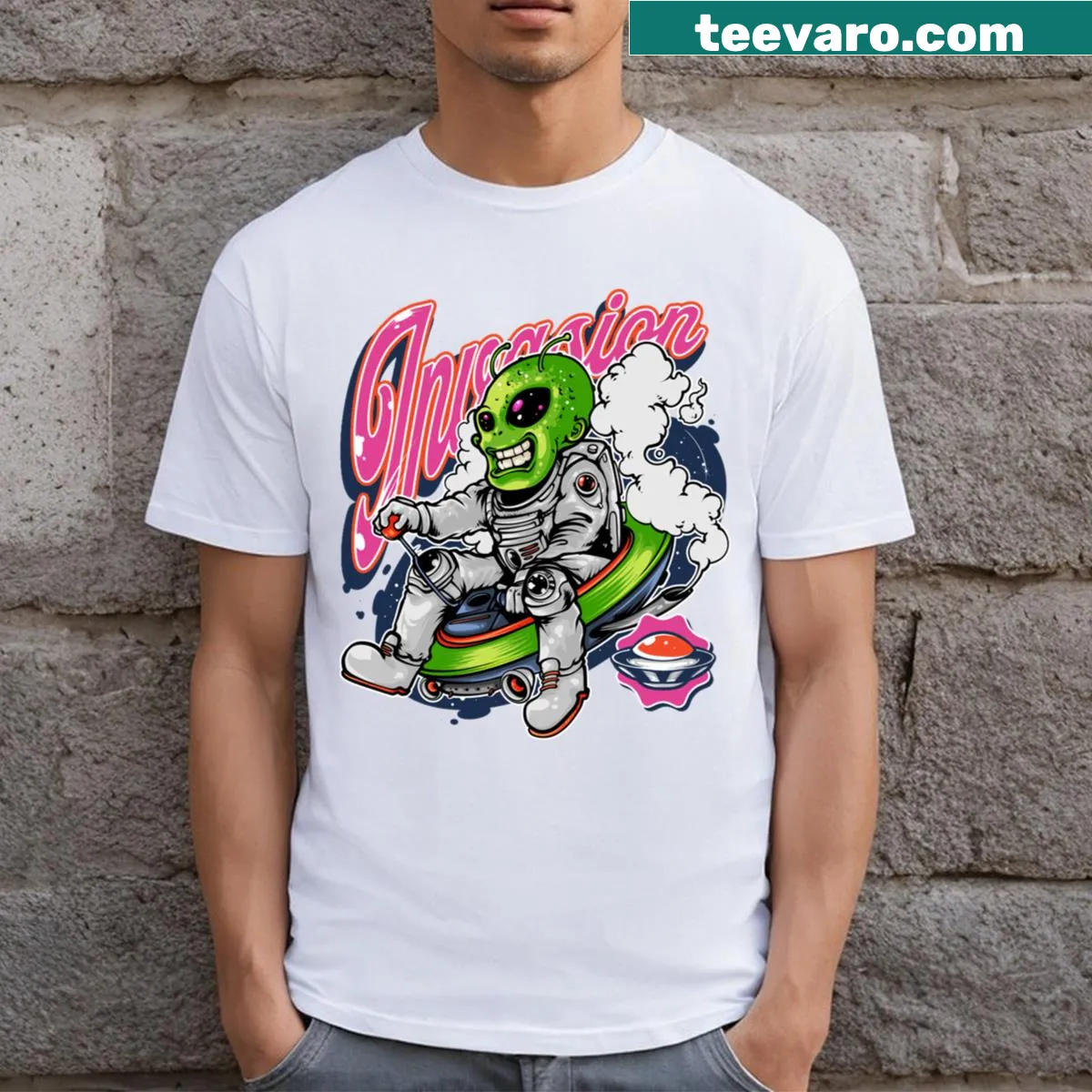 Cartoonish alien invasion graphic on a T-shirt — on a men's t-shirt