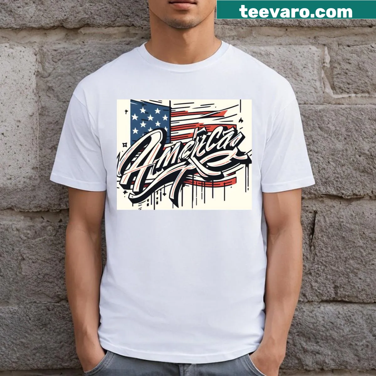 Patriotic T-shirt with a bold America graphic — on a men's t-shirt