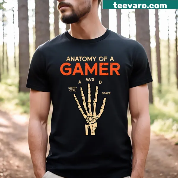 Funny gamer t-shirt with skeleton hand holding a game controller