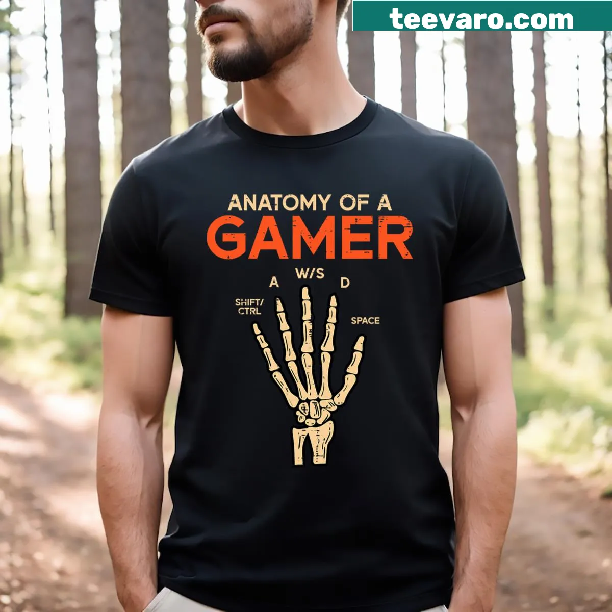 Funny gamer t-shirt with skeleton hand holding a game controller — on a men's t-shirt