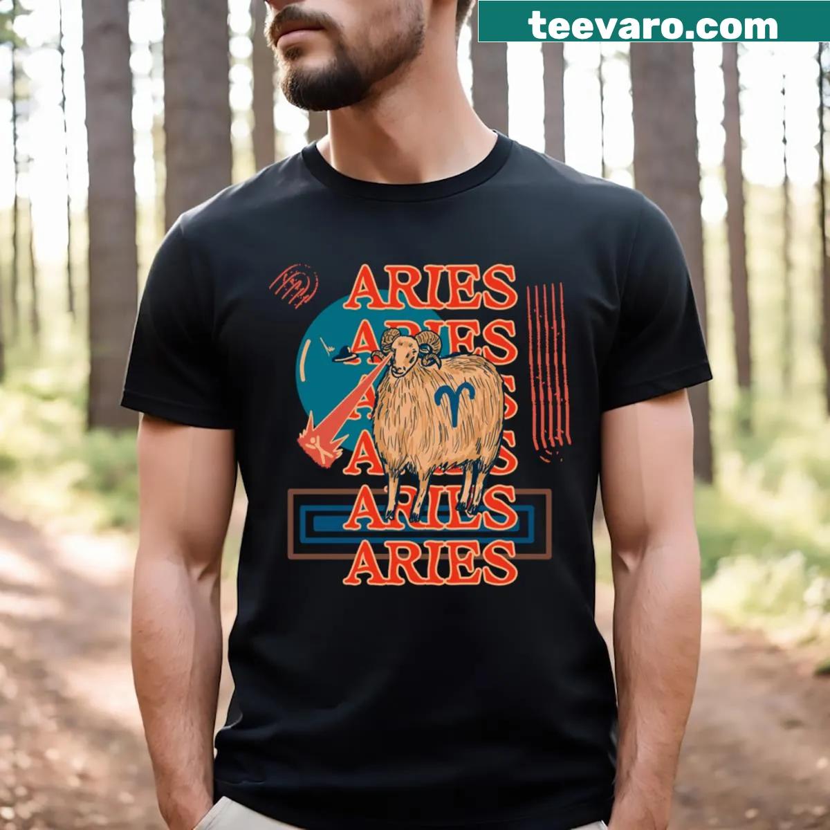 Bold Aries zodiac sign graphic on a T-shirt — on a men's t-shirt