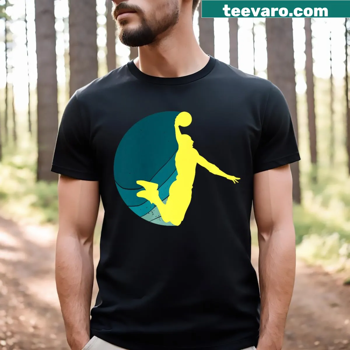 Retro-style t-shirt featuring a silhouette of a basketball dunk — on a men's t-shirt