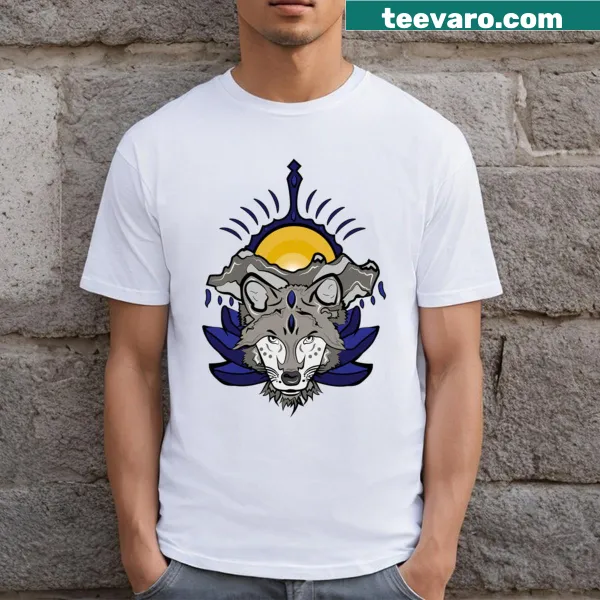 Playful illustration of a big blue wolf on a t-shirt
