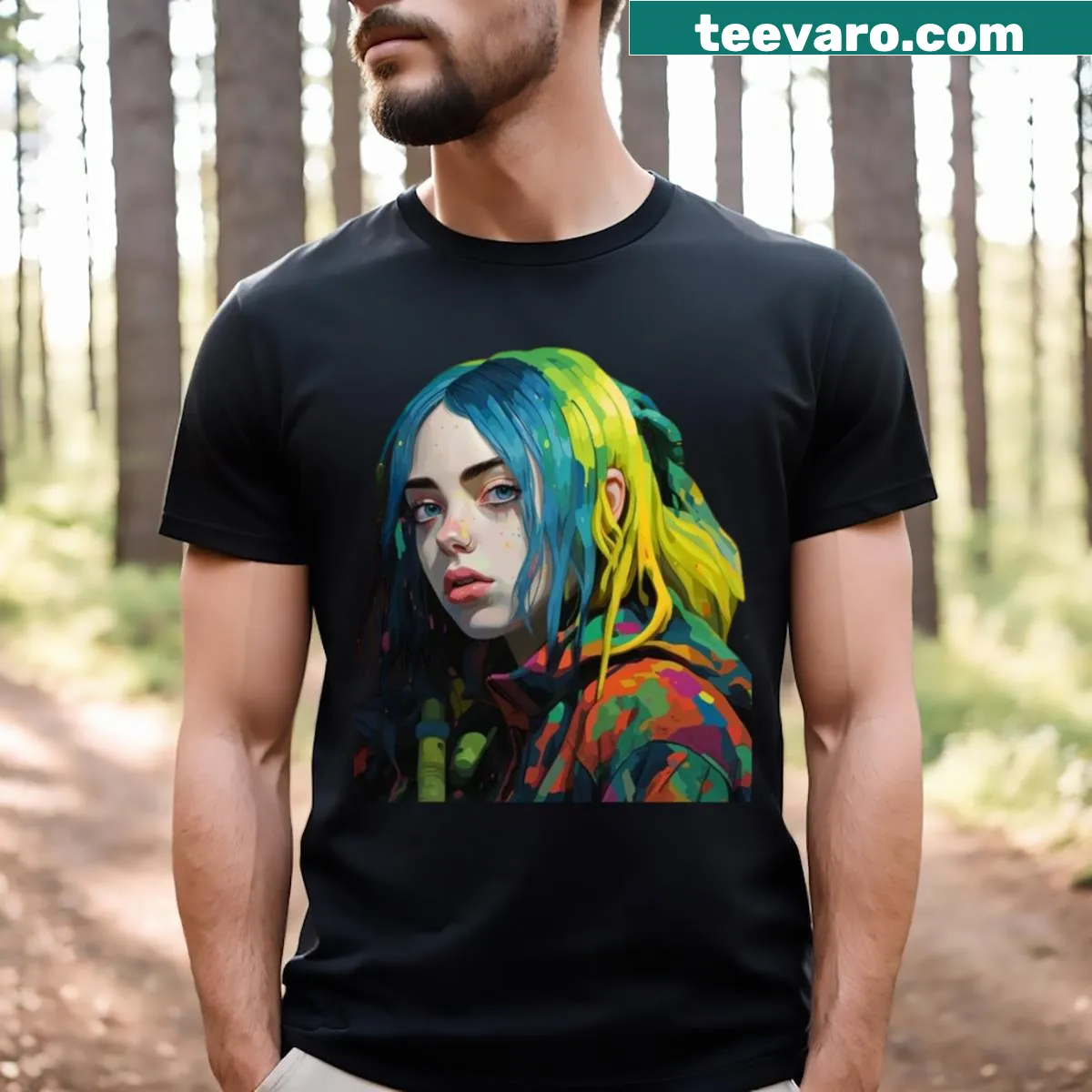 Stylized portrait illustration of Billie Eilish on a t-shirt — on a men's t-shirt