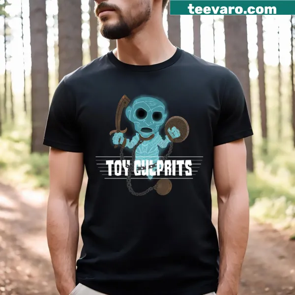 Whimsical t-shirt featuring a playful blue ghost illustration
