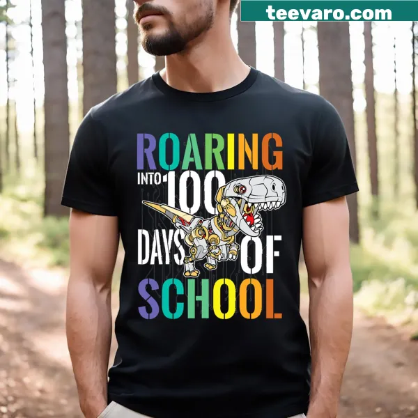 T-shirt featuring a roaring T-Rex celebrating 100 days of school