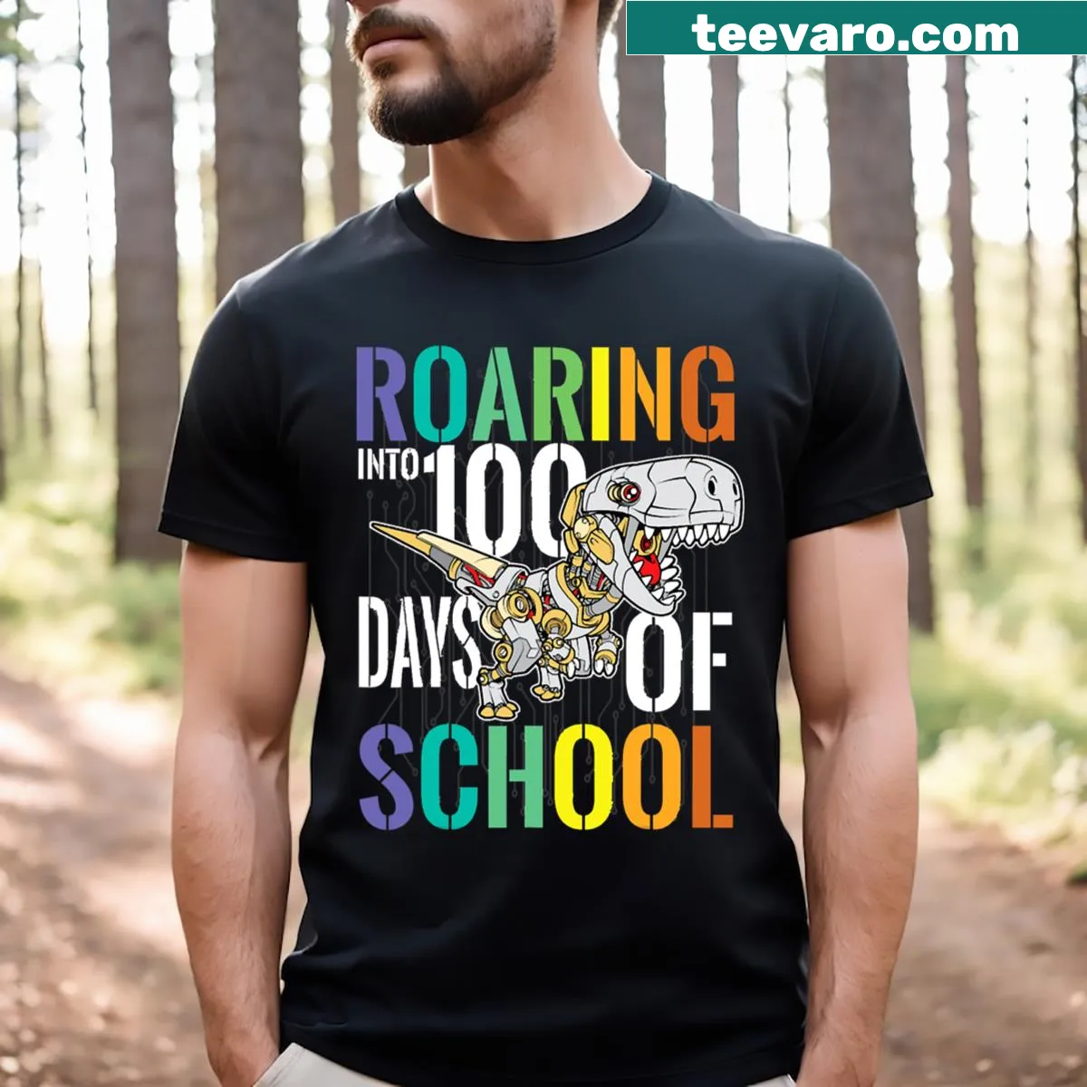 T-shirt featuring a roaring T-Rex celebrating 100 days of school — on a men's t-shirt