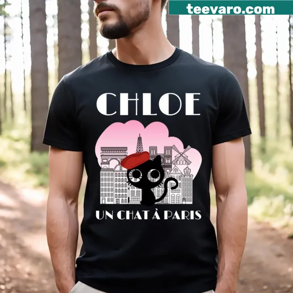 Illustrated design of a cat in Paris on a T-shirt.