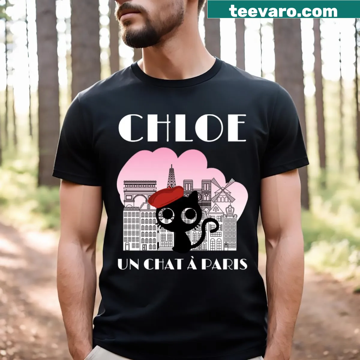 Illustrated design of a cat in Paris on a T-shirt. — on a men's t-shirt