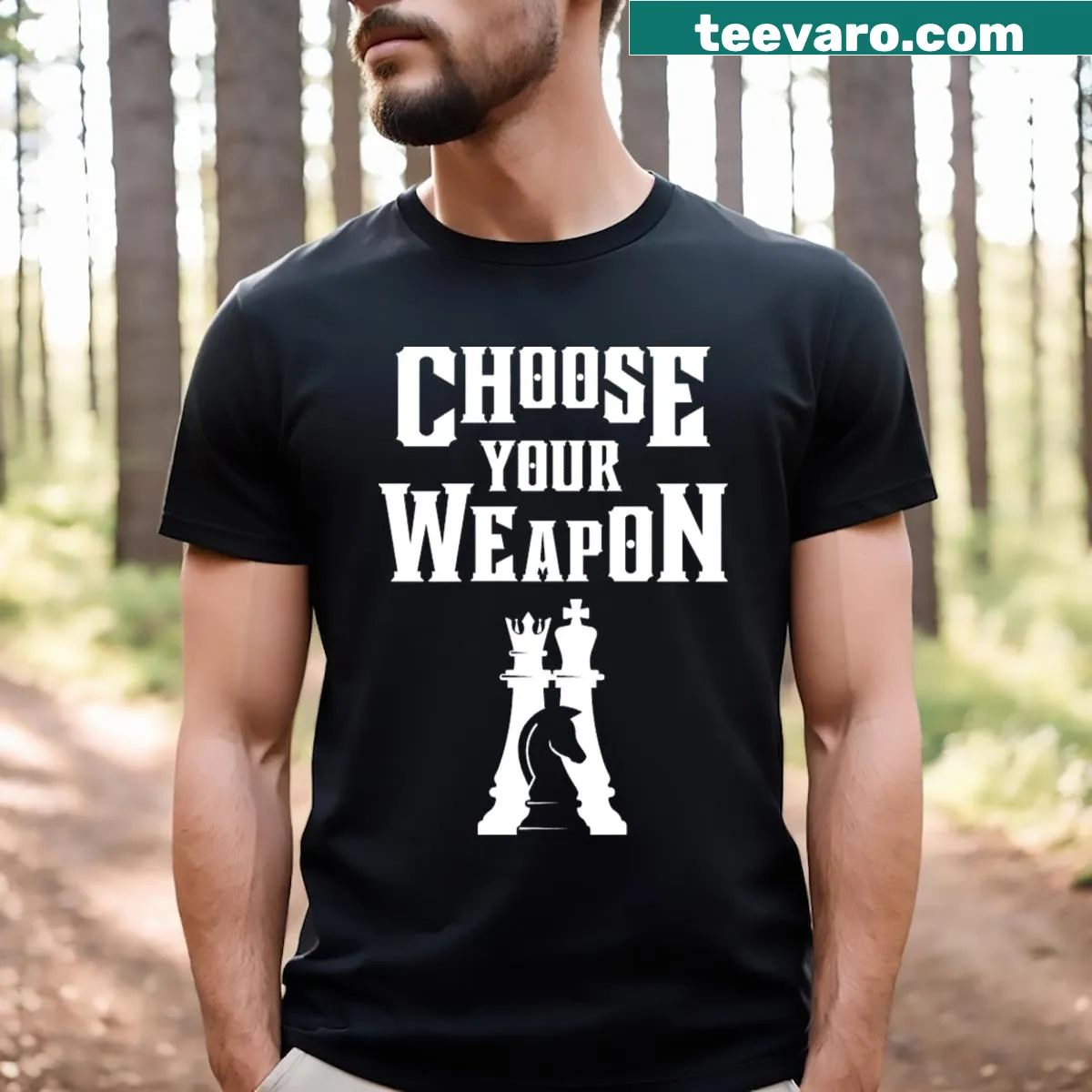 T-shirt with a playful Choose Your Weapon graphic for chess fans — on a men's t-shirt